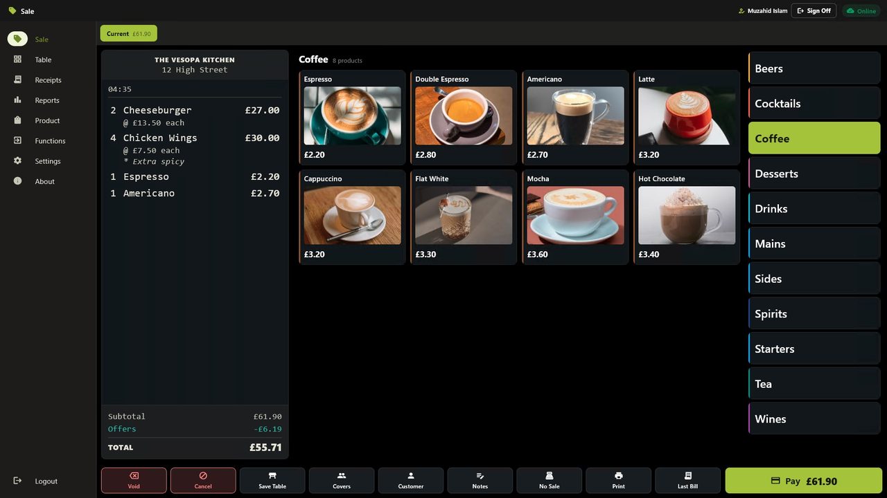 The Vesopa EPOS till: the coffee menu open, a bill building on the left