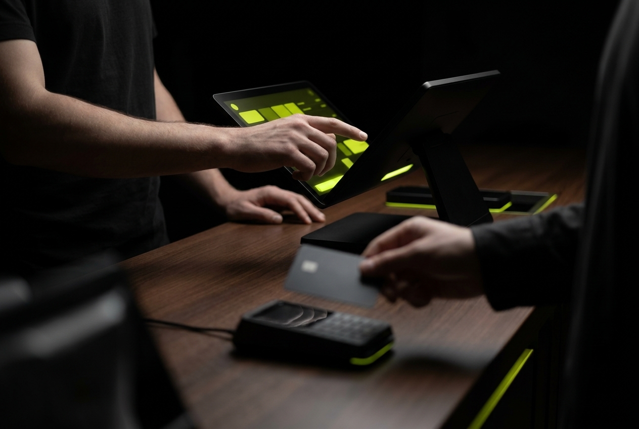 A card being tapped on a payment terminal beside a till at a café counter