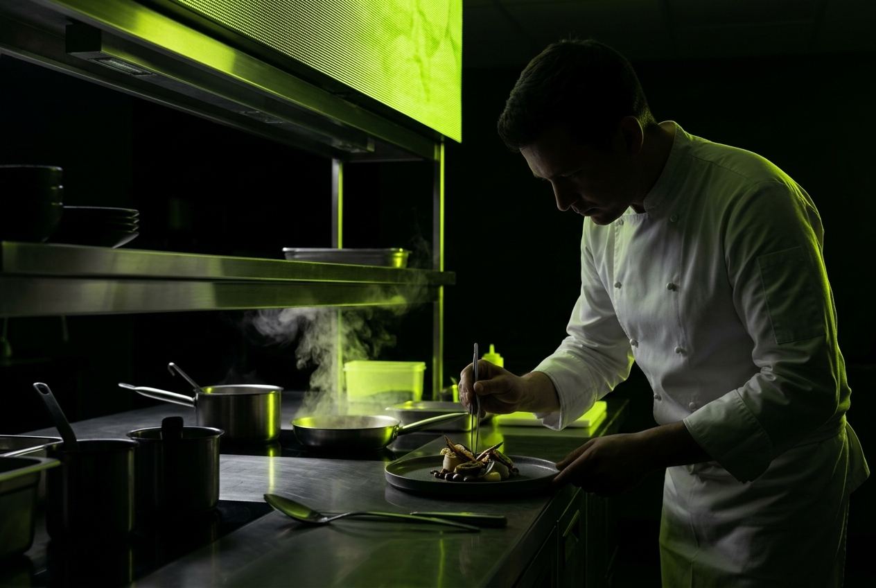 A chef plating a dish beneath a kitchen order screen