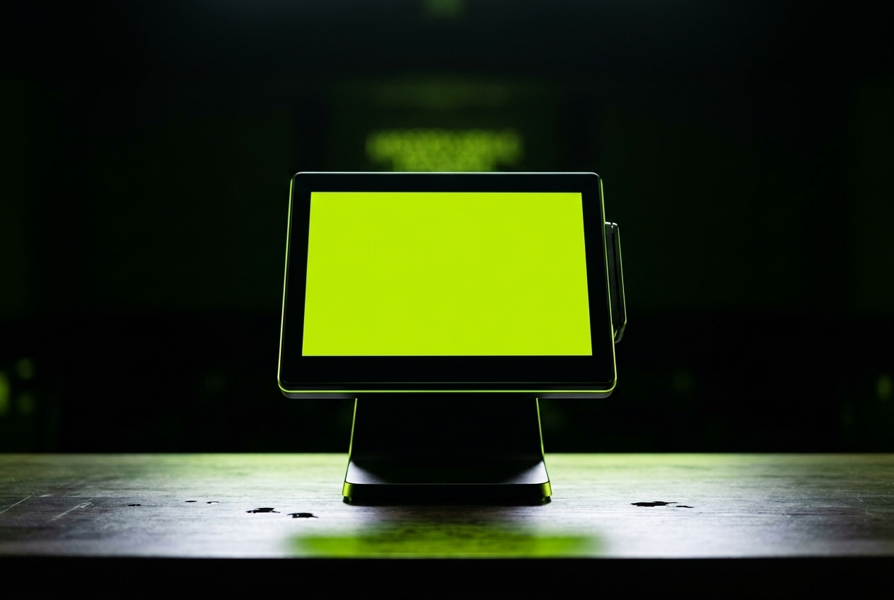 A till still lit and working in an otherwise dark, empty room