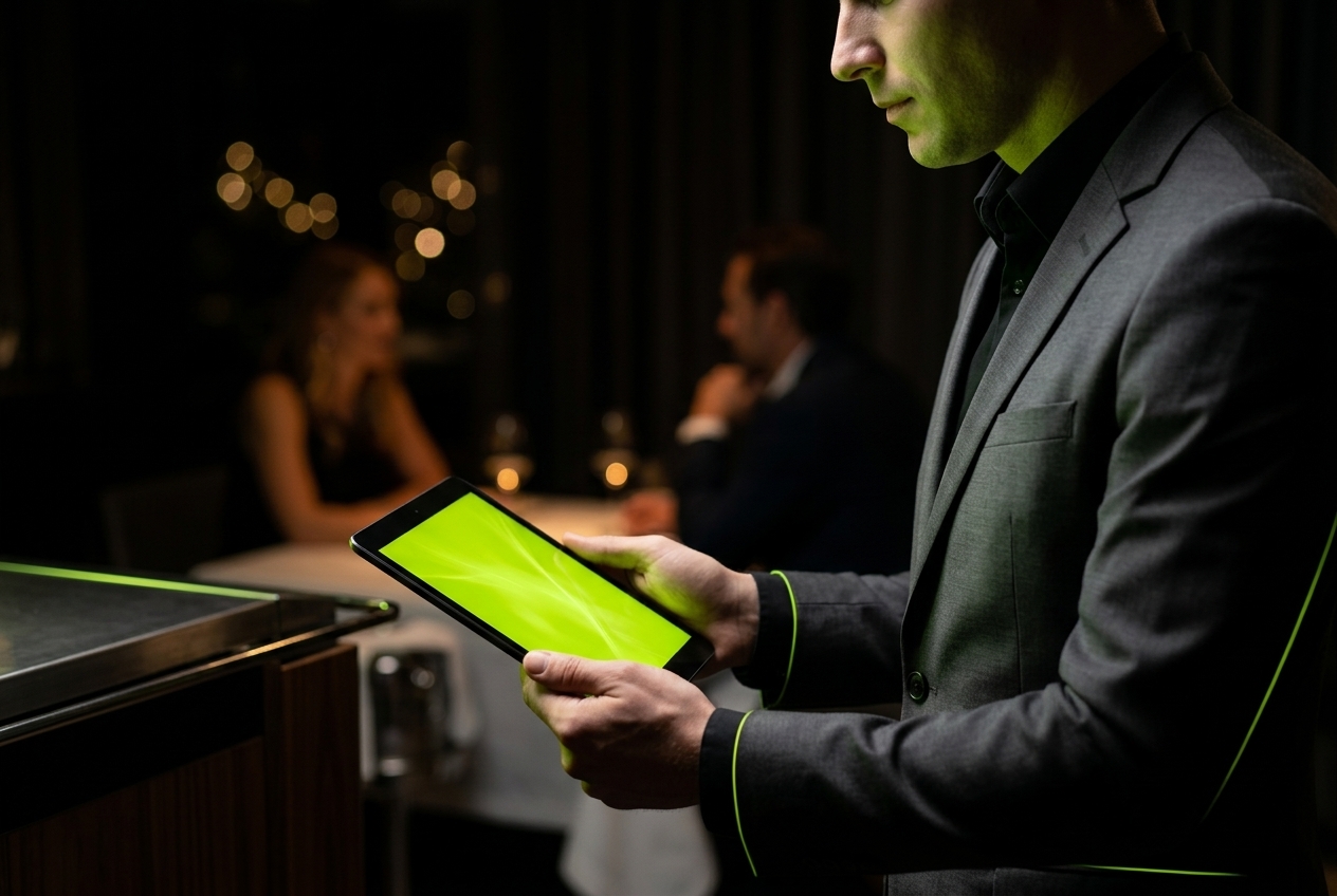 A waiter taking an order on a handheld tablet in a restaurant