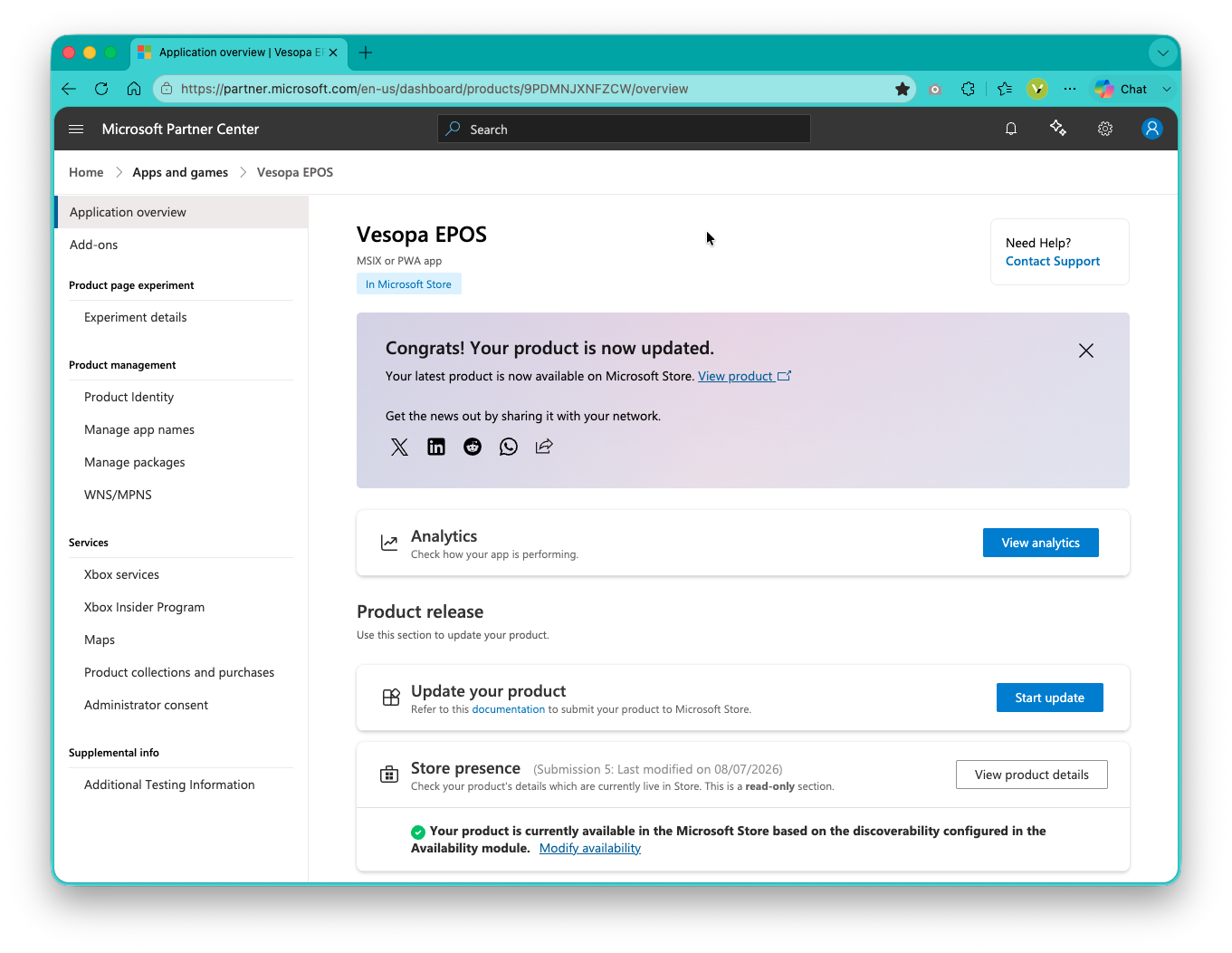 Vesopa EPOS Version 1.3.2.0 Update Completed in Microsoft Store